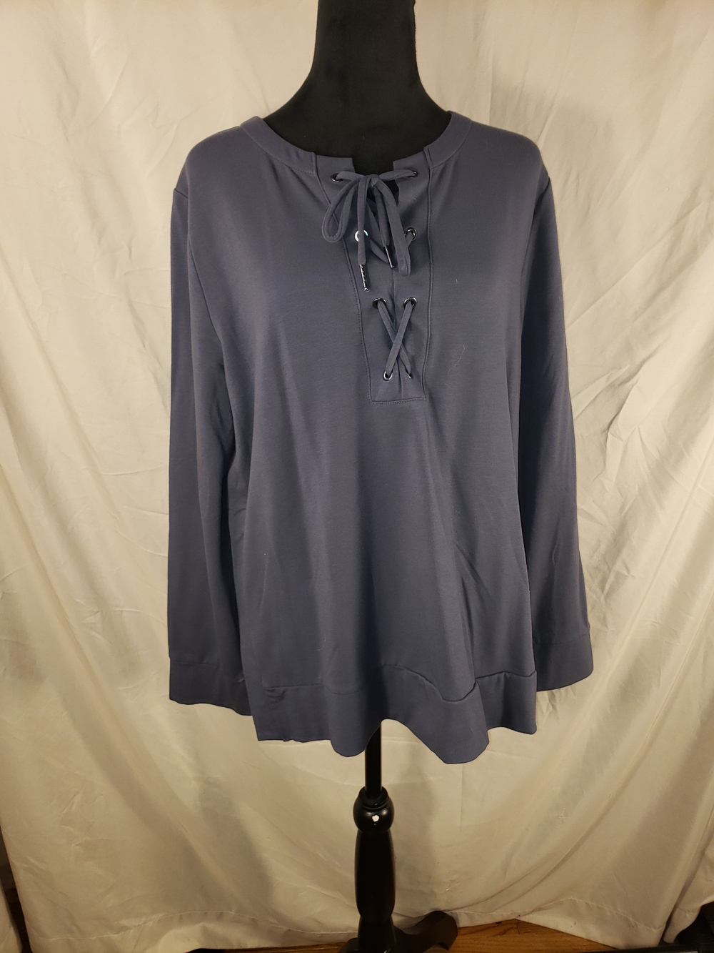 Rafaella Super Soft Lace-Up Long Sleeve Pullover - Slate Blue - L